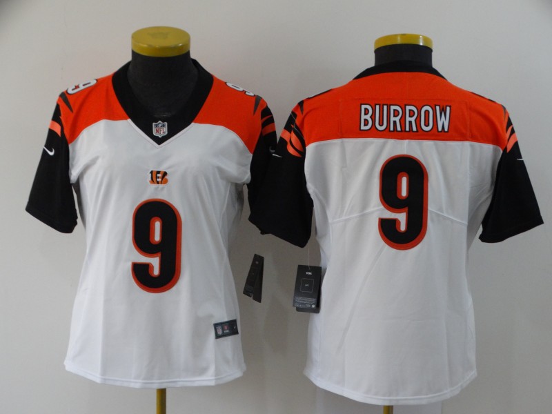 Personalized Women Bengals 9 Joe Burrow White Women 2020 NFL Draft First Round Pick Untouchable Limited Jersey