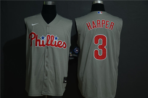 Personalized Phillies 3 Bryce Harper Gray Gold Cool Base Sleeveless Jersey