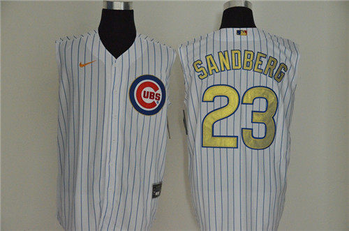 Personalized Cubs 23 Ryne Sandberg White Gold Cool Base Sleeveless Jersey