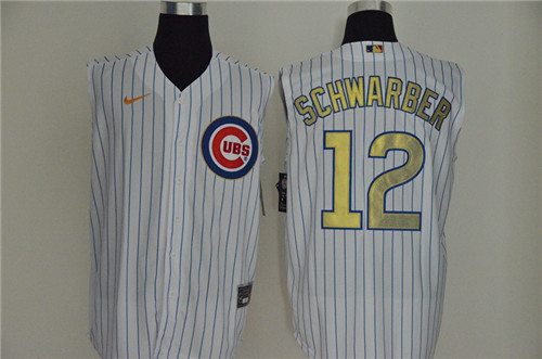 Personalized Cubs 12 Kyle Schwarber White Gold Cool Base Sleeveless Jersey