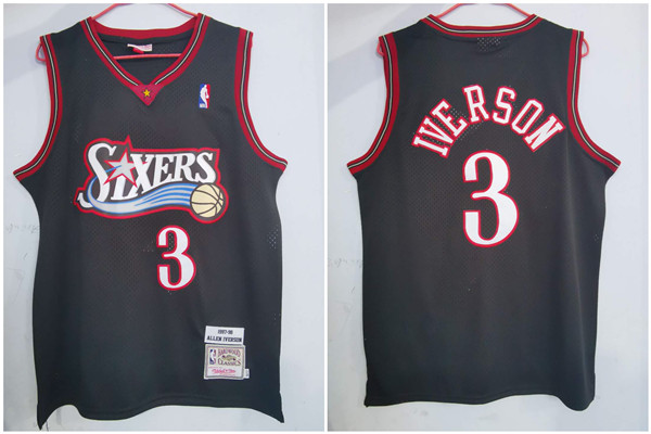 Personalized 76ers 3 Allen Iverson Black 1997-98 Hardwood Classics Jersey