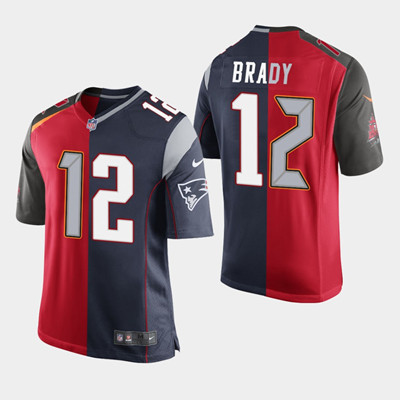 Personalized Men’s Buccaneers Patriots Tom Brady #12 Split Red Navy Jersey