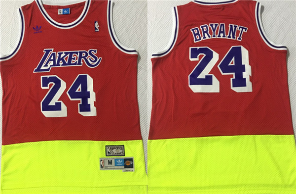 Personalized Lakers 24 Kobe Bryant Fluorescent Red Yellow Split Hardwood Classics Jersey
