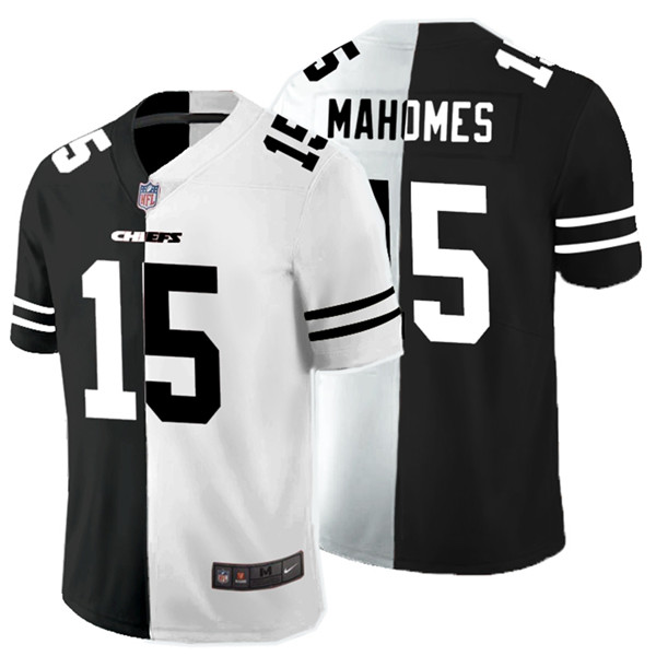 Personalized Chiefs 15 Patrick Mahomes Black And White Split Untouchable Limited Jersey