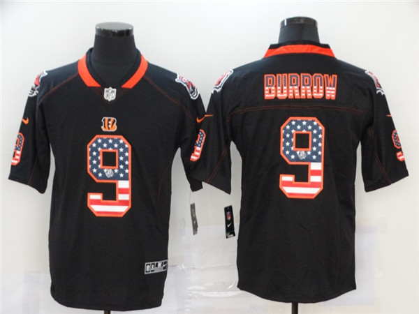 Personalized Bengals 9 Joe Burrow Black USA Flag Fashion Limited Jersey
