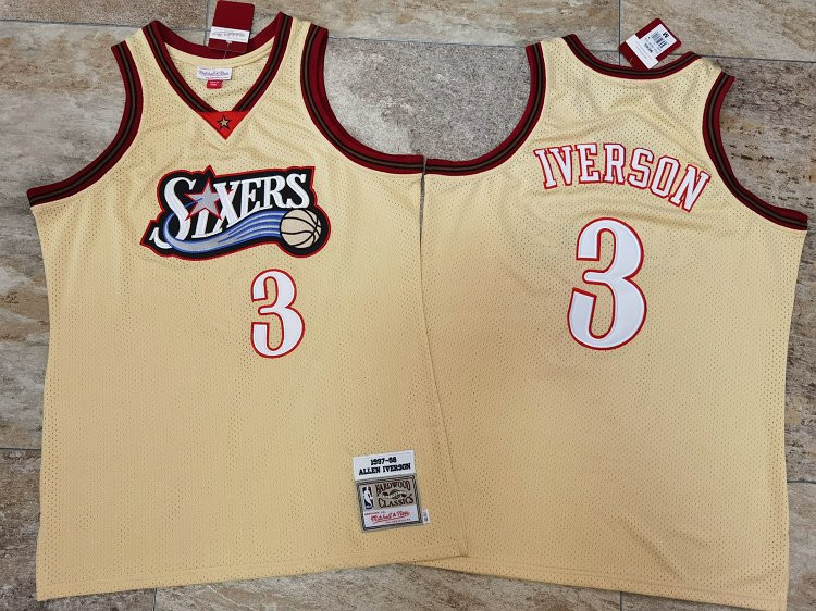 Personalized 76ers 3 Allen Iverson Gold 1997-98 Hardwood Classics Jersey