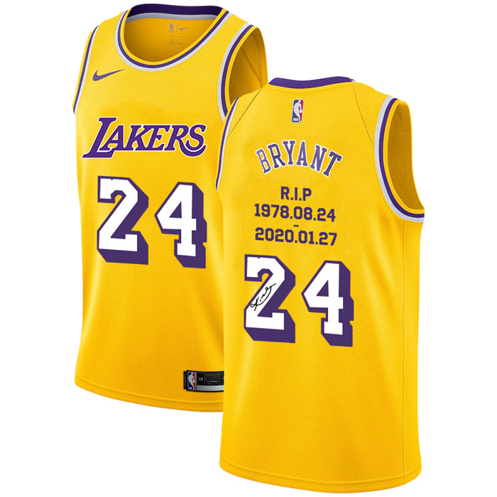 Personalized Lakers 24 Kobe Bryant Yellow R.I.P Signature Swingman Jerseys