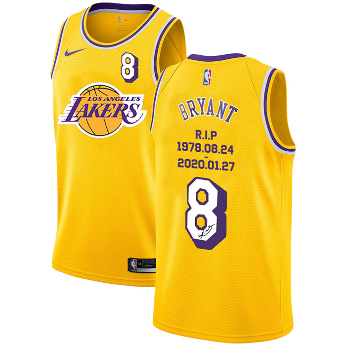 Personalized Lakers 8 Kobe Bryant Yellow R.I.P Signature Swingman Jersey 4