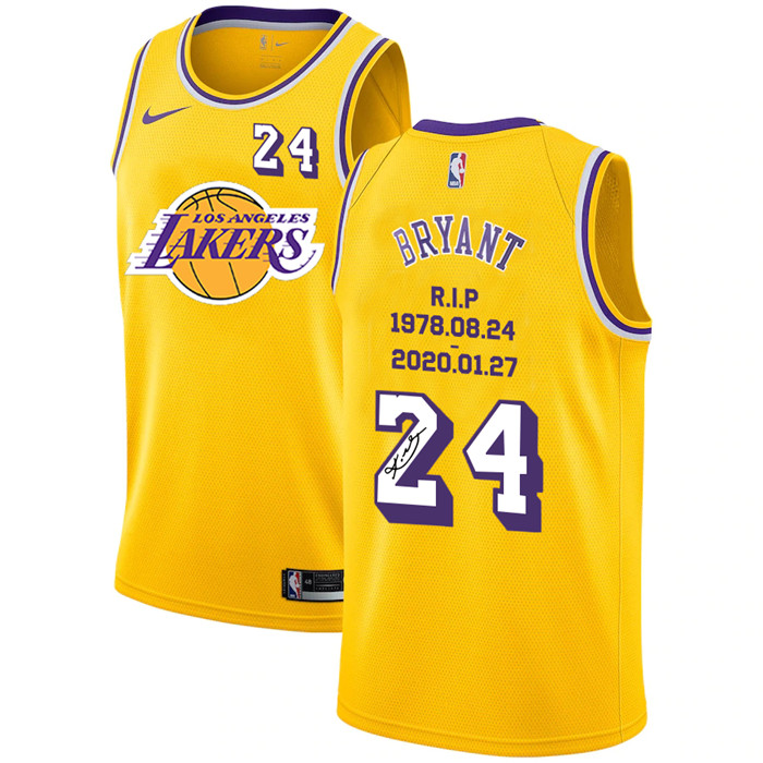 Personalized Lakers 24 Kobe Bryant Yellow R.I.P Signature Swingman Jersey 1
