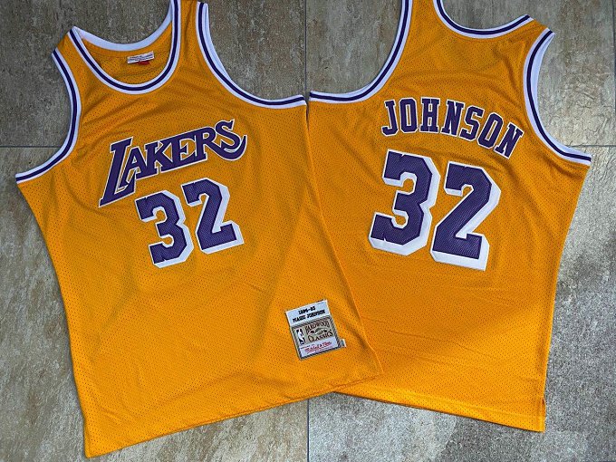 Personalized Lakers 32 Magic Johnson Yellow 1984-85 Hardwood Classics Jersey