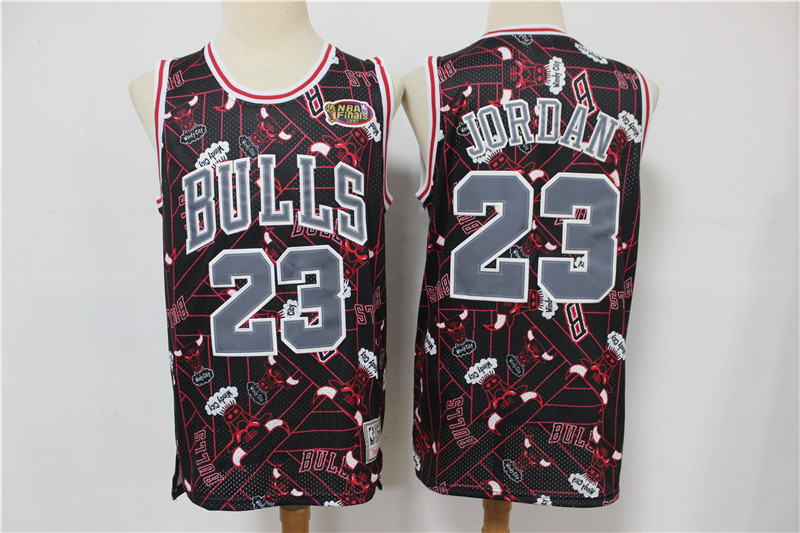 Personalized Bulls 23 Michael Jordan Black Red Tear Up Pack Hardwood Classics NBA Finals Patch Jersey