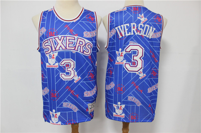 Personalized 76ers 3 Allen Iverson Blue Tear Up Pack Hardwood Classics Swingman Jersey