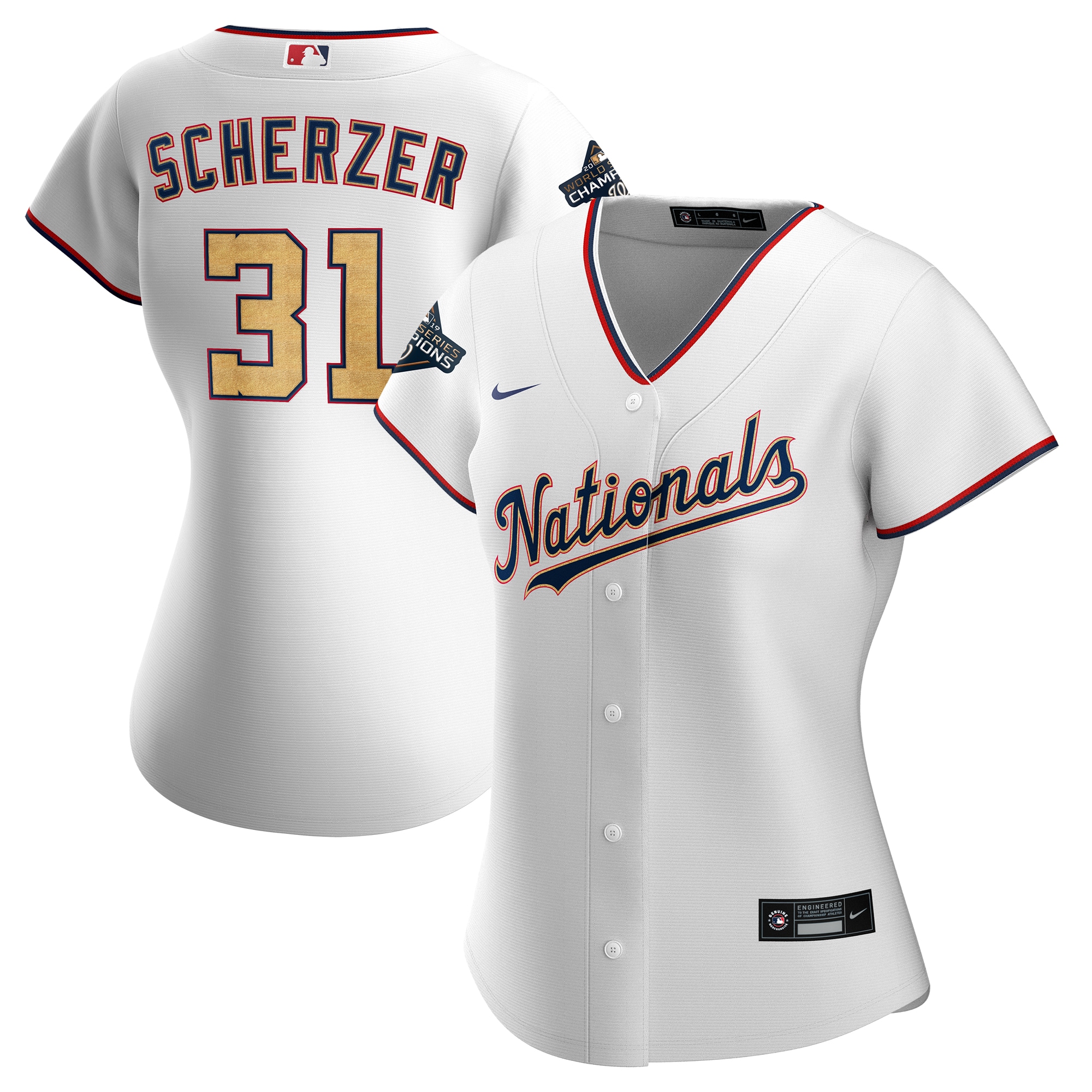 Personalized Women Nationals 31 Max Scherzer White Gold Women 2020 Gold Program Cool Base Jersey