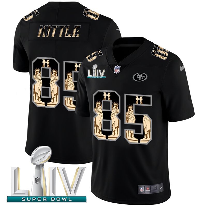 Personalized San Francisco 49ers #85 George Kittle Carbon Black Super Bowl LIV 2020 Statue Of Liberty Limited NFL Jersey