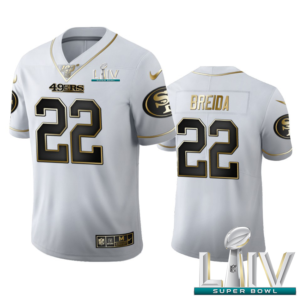 Personalized San Francisco 49ers #22 Matt Breida Men’s White Golden Super Bowl LIV 2020 Edition Limited NFL 100 Jersey