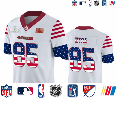 Personalized San Francisco 49ers #85 George Kittle White Super Bowl LIV 2020 Men’s Team Logo USA Flag Untouchable Limited NFL Jersey
