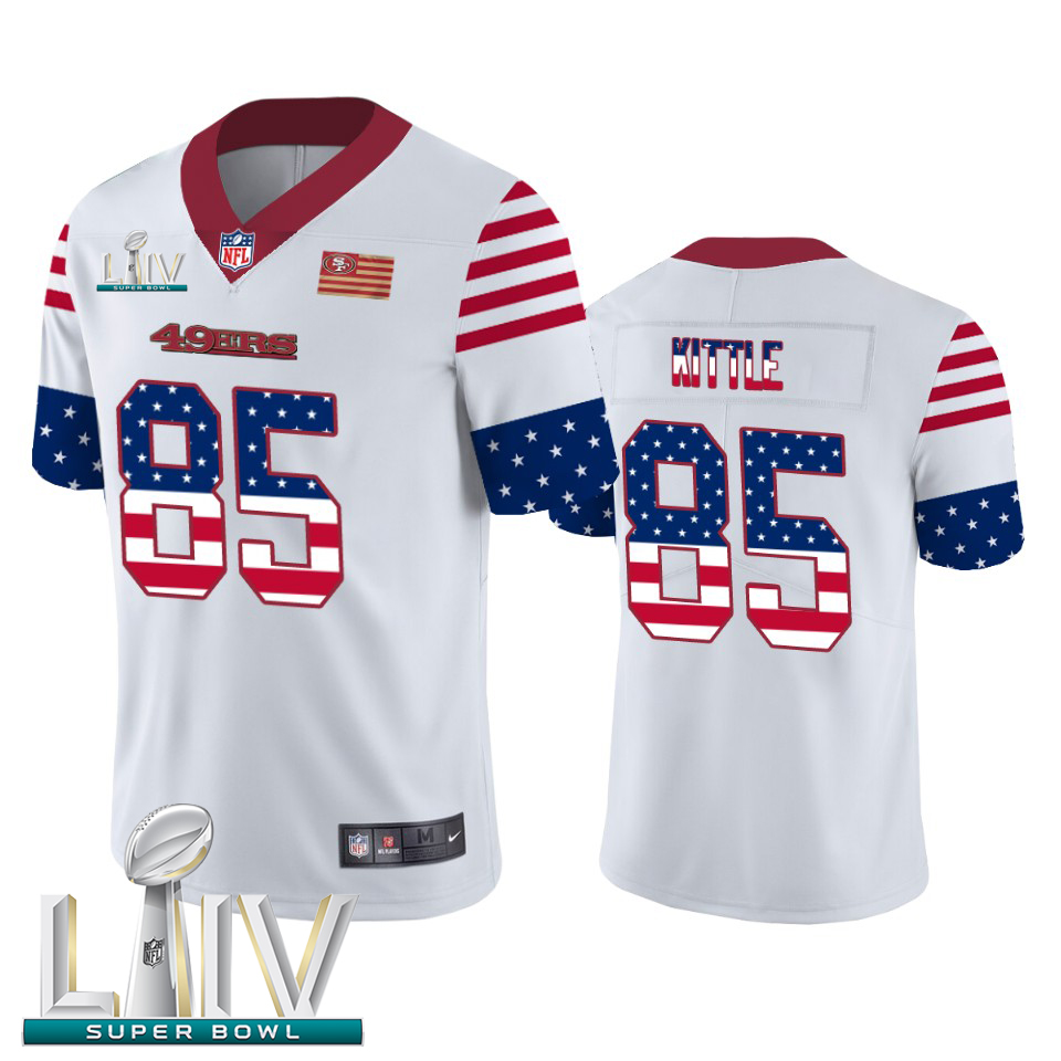Personalized San Francisco 49ers #85 George Kittle White Super Bowl LIV 2020 Men’s Team Logo USA Flag Untouchable Limited NFL Jersey