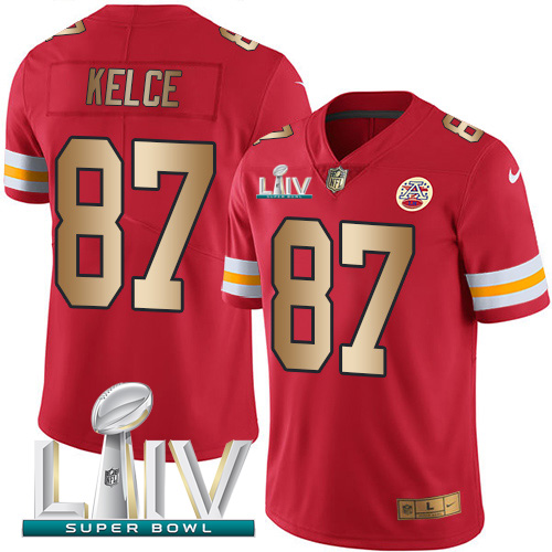 Personalized Chiefs #87 Travis Kelce Red Super Bowl LIV 2020 Men’s Stitched NFL Limited Gold Rush Jersey