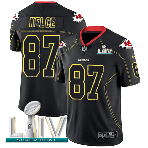 Personalized Chiefs #87 Travis Kelce Lights Out Black Super Bowl LIV 2020 Men’s Stitched NFL Limited Rush Jersey
