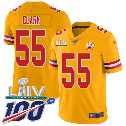 Personalized Chiefs #55 Frank Clark Gold Super Bowl LIV 2020 Men’s Stitched NFL Limited Inverted Legend 100th Season Jersey