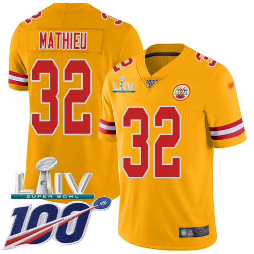 Personalized Chiefs #32 Tyrann Mathieu Gold Super Bowl LIV 2020 Men’s Stitched NFL Limited Inverted Legend 100th Season Jersey