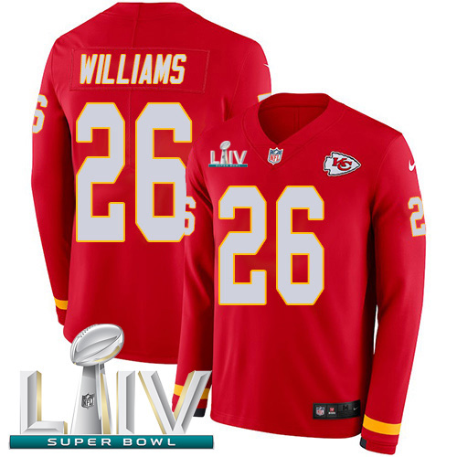 Personalized Chiefs #26 Damien Williams Red Super Bowl LIV 2020 Team Color Men’s Stitched NFL Limited Therma Long Sleeve Jersey