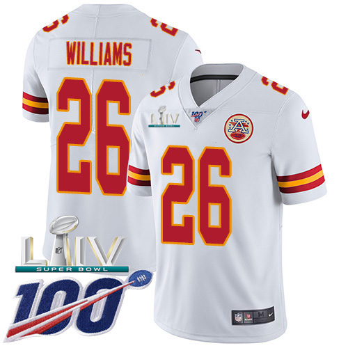 Personalized Chiefs #26 Damien Williams White Super Bowl LIV 2020 Men’s Stitched NFL 100th Season Untouchable Limited Jersey