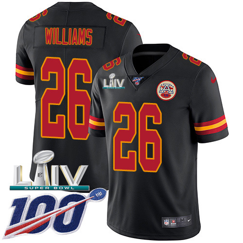 Personalized Chiefs #26 Damien Williams Black Super Bowl LIV 2020 Men’s Stitched NFL Limited Rush 100th Season Jersey