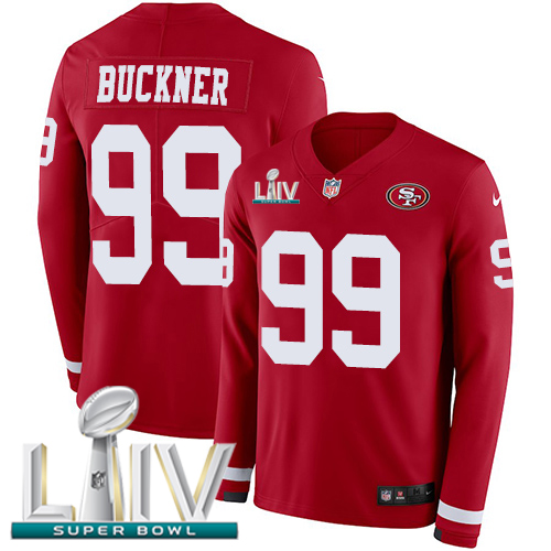 Personalized 49ers #99 DeForest Buckner Red Super Bowl LIV 2020 Team Color Men’s Stitched NFL Limited Therma Long Sleeve Jersey