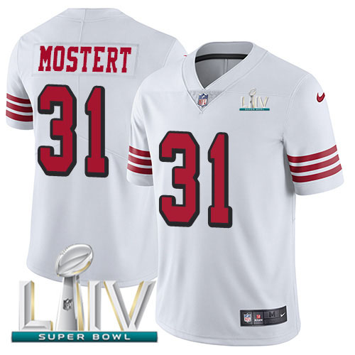 Personalized 49ers #31 Raheem Mostert White Super Bowl LIV 2020 Men’s Stitched NFL Limited Rush Jersey
