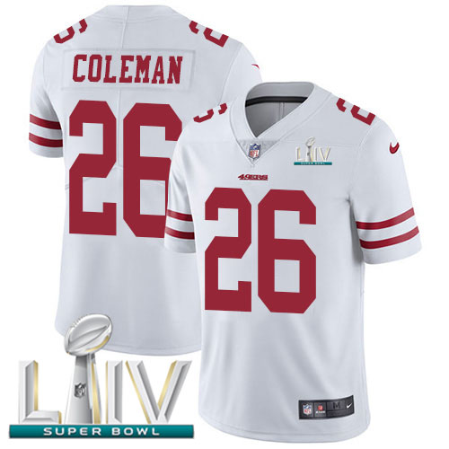 Personalized 49ers #26 Tevin Coleman White Super Bowl LIV 2020 Men’s Stitched NFL Untouchable Limited Jersey