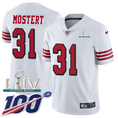 Personalized 49ers #31 Raheem Mostert White Super Bowl LIV 2020 Men’s Stitched NFL Limited Rush 100th Season Jersey