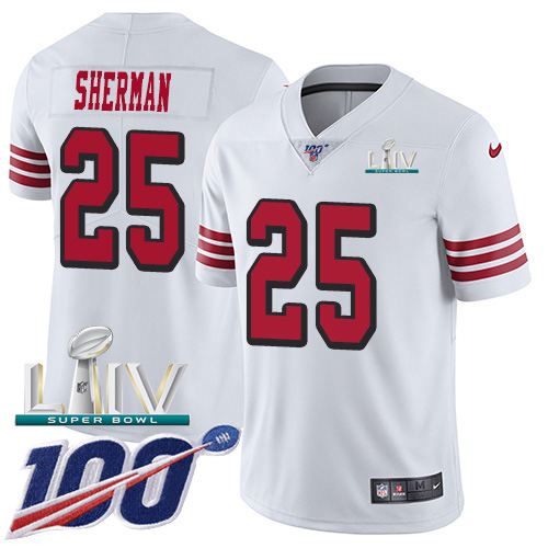 Personalized 49ers #25 Richard Sherman White Super Bowl LIV 2020 Rush Men’s Stitched NFL Limited 100th Season Jersey
