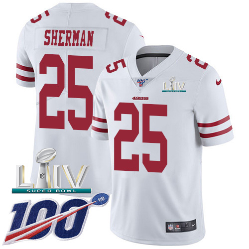 Personalized 49ers #25 Richard Sherman White Super Bowl LIV 2020 Men’s Stitched NFL 100th Season Limited Jersey