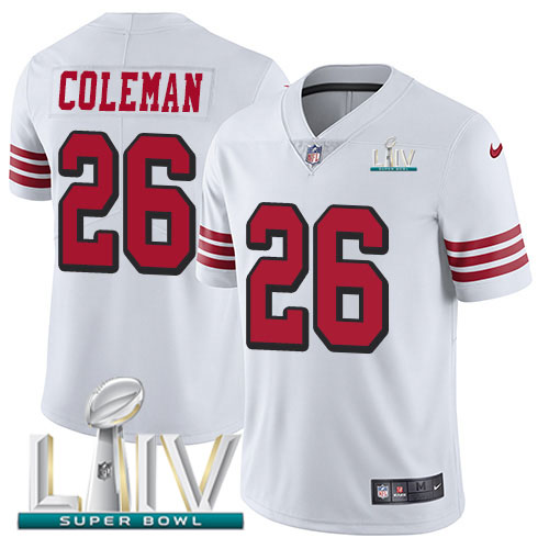Personalized 49ers #26 Tevin Coleman White Super Bowl LIV 2020 Rush Men’s Stitched NFL Untouchable Limited Jersey