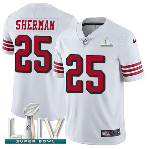 Personalized 49ers #25 Richard Sherman White Super Bowl LIV 2020 Rush Men’s Stitched NFL Untouchable Limited Jersey