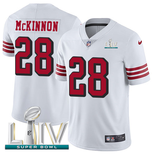 Personalized 49ers #28 Jerick McKinnon White Super Bowl LIV 2020 Rush Men’s Stitched NFL Untouchable Limited Jersey
