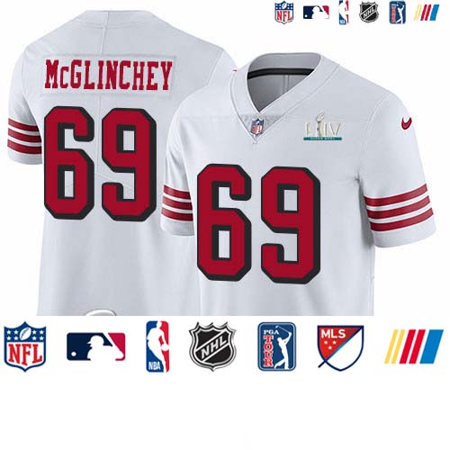 Personalized 49ers #69 Mike McGlinchey White Super Bowl LIV 2020 Rush Men’s Stitched NFL Untouchable Limited Jersey