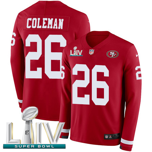 Personalized 49ers #26 Tevin Coleman Red Super Bowl LIV 2020 Team Color Men’s Stitched NFL Limited Therma Long Sleeve Jersey