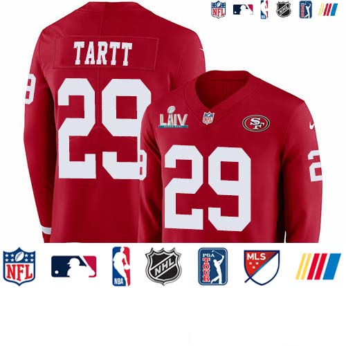 Personalized 49ers #29 Jaquiski Tartt Red Super Bowl LIV 2020 Team Color Men’s Stitched NFL Limited Therma Long Sleeve Jersey