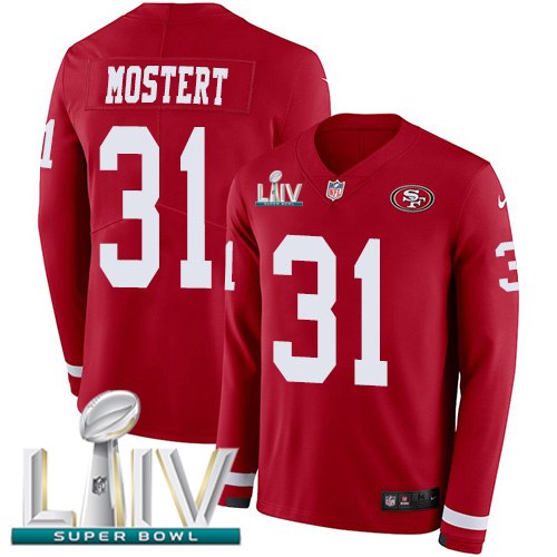 Personalized 49ers #31 Raheem Mostert Red Super Bowl LIV 2020 Team Color Men’s Stitched NFL Limited Therma Long Sleeve Jersey