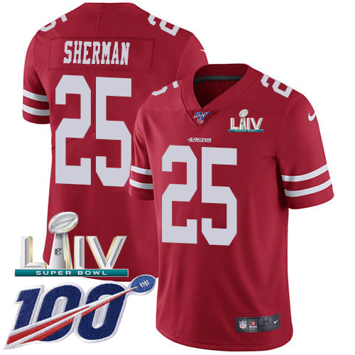 Personalized 49ers #25 Richard Sherman Red Super Bowl LIV 2020 Team Color Men’s Stitched NFL 100th Season Limited Jersey