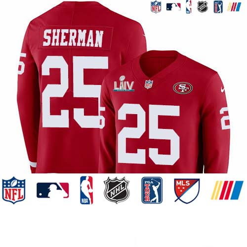 Personalized 49ers #25 Richard Sherman Red Super Bowl LIV 2020 Team Color Men’s Stitched NFL Limited Therma Long Sleeve Jersey