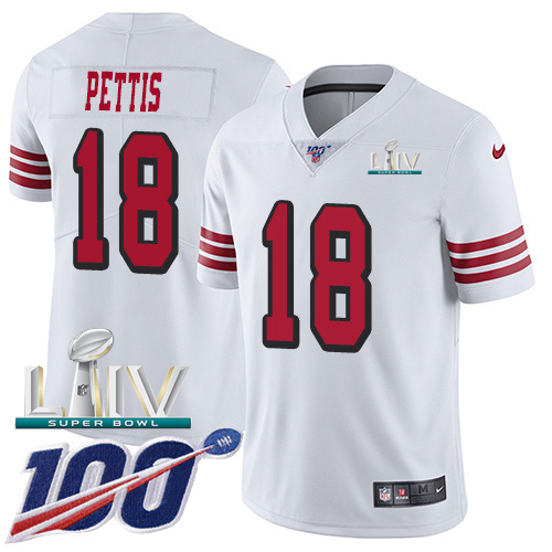 Personalized 49ers #18 Dante Pettis White Super Bowl LIV 2020 Rush Men’s Stitched NFL Limited 100th Season Jersey