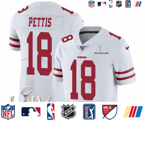 Personalized 49ers #18 Dante Pettis White Super Bowl LIV 2020 Men’s Stitched NFL 100th Season Limited Jersey