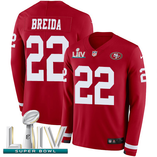 Personalized 49ers #22 Matt Breida Red Super Bowl LIV 2020 Team Color Men’s Stitched NFL Limited Therma Long Sleeve Jersey