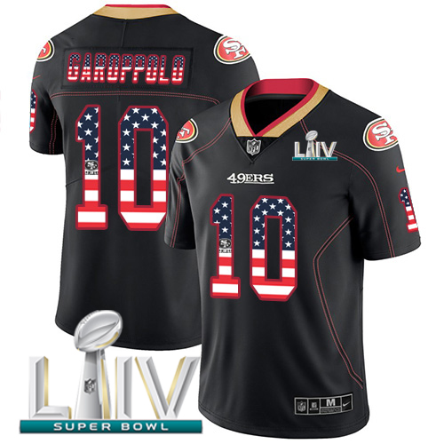 Personalized 49ers #10 Jimmy Garoppolo Black Super Bowl LIV 2020 Men’s Stitched NFL Limited Rush USA Flag Jersey