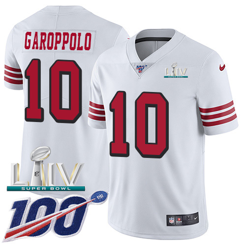Personalized 49ers #10 Jimmy Garoppolo White Super Bowl LIV 2020 Rush Men’s Stitched NFL Limited 100th Season Jersey