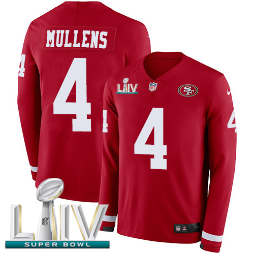 Personalized 49ers #4 Nick Mullens Red Super Bowl LIV 2020 Team Color Men’s Stitched NFL Limited Therma Long Sleeve Jersey