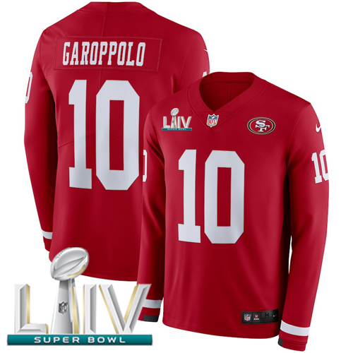 Personalized 49ers #10 Jimmy Garoppolo Red Super Bowl LIV 2020 Team Color Men’s Stitched NFL Limited Therma Long Sleeve Jersey